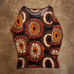 GW Vintage Y2K Abstract Circle Print Shirt 3/4 Sleeve Multicolor Round Neck Boho